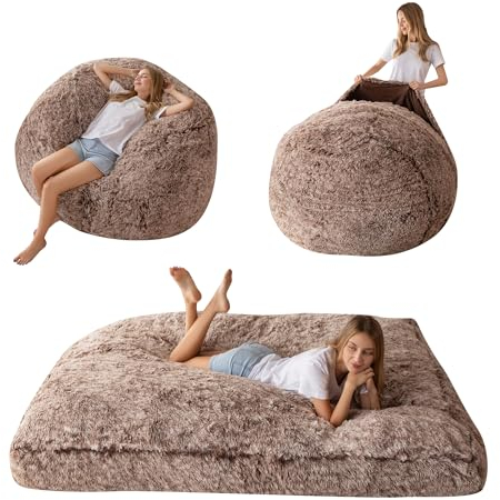 MAXYOYO Riesiges Sitzsackbett – umwandelbar vom Sitzsack zum Bett – großes Sofa mit Plüschbezug und Flauschiger Füllung im Lieferumfang enthalten, für Erwachsene, Paare, Gäste (Braun, Doppelt)