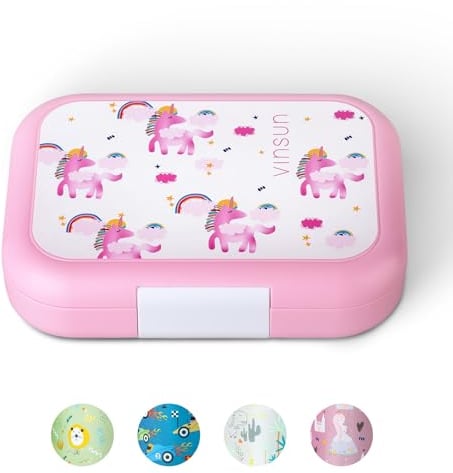 VINSUN Lunch Box for Kids with 4 Compartments - Leakproof, BPA Free, Dishwasher Safe - Pink Bento Box with Unicorn Motif for Kindergarten, Primary School, Excursion