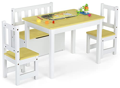 LIFEZEAL Bord för barn med stolar, i trä, med låda för leksaker, barnmöbler för pojkar och flickor, 4-delat set med förvaringslåda för barn