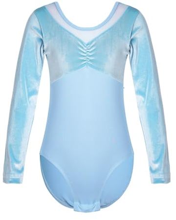 Nyeemya Kinder Mädchen Langarm Gymnastikanzug Turnanzug Samt Tanzen Kleidung Ballet Yoga Kleid Klassisch Trikot Blau 110-116