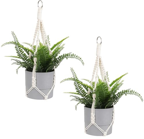 Macrame Plant Hanger, 2 Pack Boho Hanging Planters Baskets for Indoor Plants Decorative Braided Cotton Rope Flower Pot Holder with Metal Hook Rings for Outdoor Home Decor, No Tassels, Ivory, 20 Inchs
