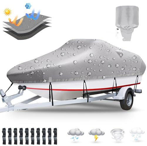 Plscoverit Cubierta para Barco, 17 a 19 pies, Lona de poliéster 1200D, Resistente a los Rayos UV, Impermeable, Cubierta de lancha de bajo con Cubierta de Motor, se Adapta a lanchas de Tres Cascos en