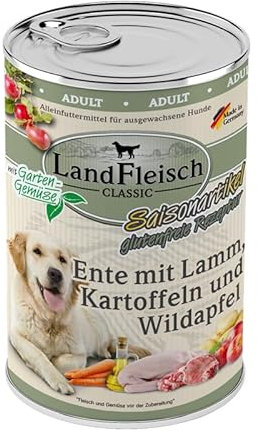 Landfleisch Classic Hundefutter 6 x 400g | Ente, Lamm und Wildapfel | Mit hochwertigem Fleisch, Rapsöl (Omega-3 & 6), ohne Gluten, Zucker, GVO & Soja | Nassfutter für Hunde