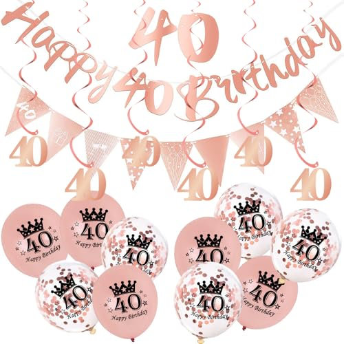 RONGZUBAT 18Pcs Rose Gold 40th Birthday Decorations Set: Banner, Triangular Bunting, 40 Foil Hanging Swirls, Confetti Balloons, Number 40 for Women's 40th Birthday Party
