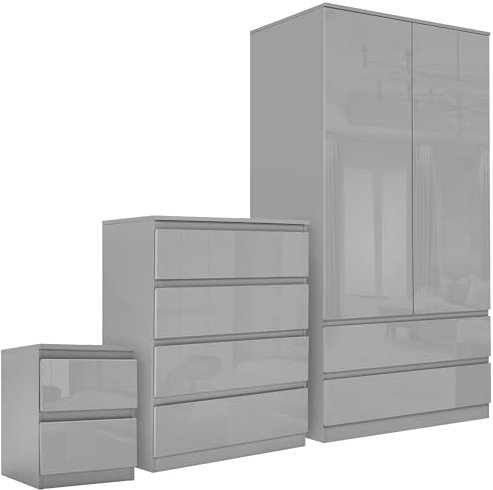 High Gloss 3 Piece Bedroom Furniture Set, 2 Door 2 Drawers Wardrobe, 4 Storage Drawer Chest Of Drawers, 2 Drawer Bedside Table Bedroom Furniture Storage Sets, Grey