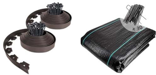 VOUNOT Bordure de Jardin en Plastique 20 mètres avec 60 Piquets d'ancrage Bordurette de Pelouse & Toile de Paillage avec 30pcs de Piquets Contre Les Mauvais Herbes 10Mx2M