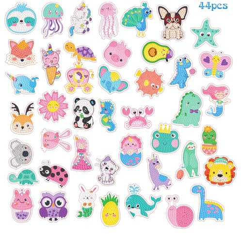 CAYUDEN Diamant Painting Bilder Kinder, 44pcs DIY Diamond Painting Aufkleber Kinder Tier Diamant Malerei Aufkleber Kawaii Panda 5D Diamond Painting Sticker Niedlich Gem Mosaik Kit für Kinder ab 6