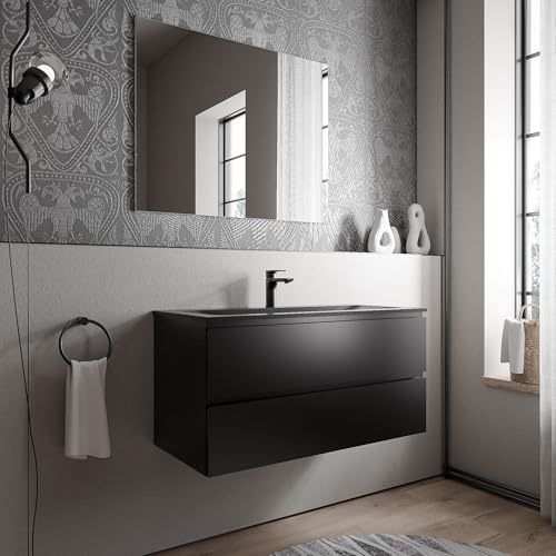 BERNSTEIN Badmöbel-Set Ava 100cm bestehend aus Mineralguss-Waschbecken mit Unterschrank in Schwarz matt, Waschtisch BRUXELLES - Schwarz matt mit Hahnloch, Ideal für mittelgroße Bäder und Badezimmer