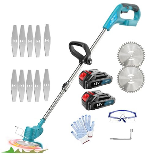 Cordless Grass Strimmer with 2 Batteries, 90° Head pivots, Retractable handle, for lawns, gardens, with 10x Metal Blades & 2x circular saws (2 x 3.0 Ah Battery & Charger)