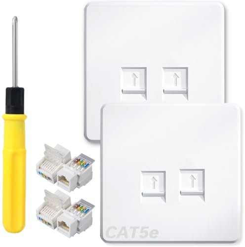 Acmerota RJ45 CAT5e Ethernet Socket Network Wall Socket Double 2-Port Faceplate Flat Ethernet Wall Plate for CAT5 CAT5e Network Cable, with Tool-Free Ethernet Modules