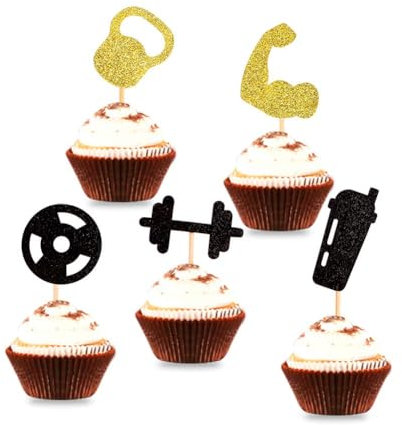 Blumomon 30Pc Glitter Gym Theme Birthday Cupcake Toppers Weight Lifting Cake Decoration for Men Boy Weight Lifting Gym Fitness Themed Birthday Party Supplies