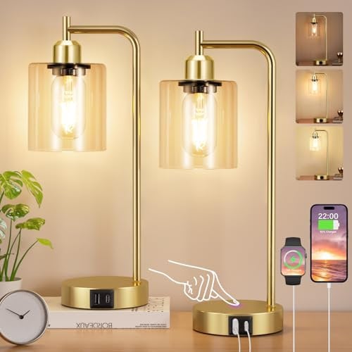 Aooshine Industrial Touch Lamps Set of 2, Gold Bedside Lamps Set of 2 with Glass Shade for Bedroom(Bulbs Included)