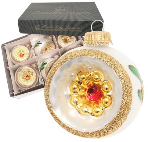 Krebs Glas Lauscha - Weihnachtsdekoration/Christbaumschmuck aus Glas - Reflektor Kugel mit grünem Blatt und Gold Glitter - Menge: 6 Stück - Farbe: Silber Satin - Größe: ca. 6,5 cm