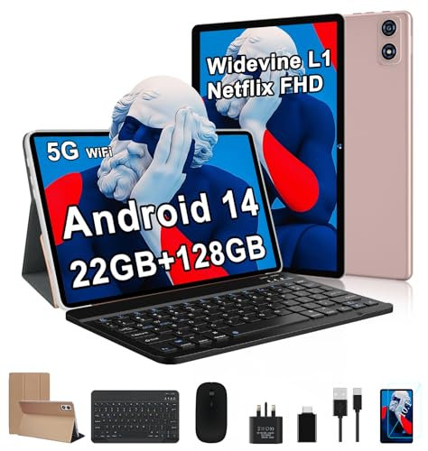 fezawio 2025 Newest 10 inch Android 14 Tablet|22GB RAM+128GB ROM|1TB Expandable|8000mAh|5G Wi-Fi|Widevine L1|Octa-Core|Keyboard-Mouse-Holster|Premium Entertainment & Light Office, Best Gift - Gold