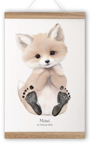 Baby Fußabdruck Poster mit Tiermotiv - personalisiert - Geschenk zur Geburt, Taufe oder zum 1. Geburtstag - mit Name und Geburtsdatum - für Jungen & Mädchen (Fuchs, DIN A4 - bis ca. 6 Monate)