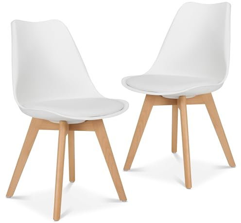 Bravich Set Of 2 Rocco Dining Chairs- White. Faux Leather Upholstered Dining Chair With Natural Wooden Legs, Cushion Pad Seat & Back Support For Kitchen Table- 42 x 42 x 81cm.