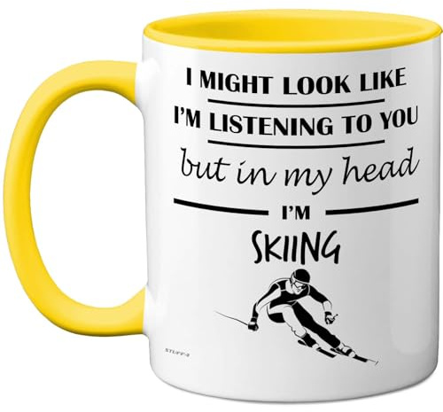 Skiing Gifts - in My Head Mug - Funny Gift for Skiing Lover Men Women - 11oz Premium Ceramic Dishwasher Safe Yellow Handle Mugs Novelty Cup