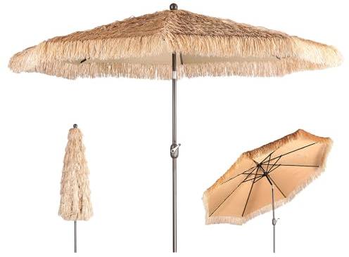 COWVIE 3m Thatch Patio Umbrella, Tiki Style Outdoor Umbrella with Crank Lift for Poolside, Backyard, Beach - Natural Straw Look (No Base)