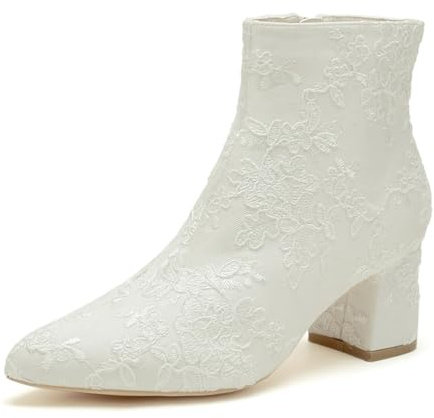 Frauen Schnür Hochzeitsstiefel für die Braut Blockabsatz Braut Stiefeletten Seitenreißverschluss Hochzeitsabsätze Brautschuhe,Elfenbein,39 EU