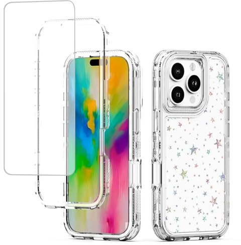 Tothedu for iPhone 16 Pro Case, Apple 16Pro Case with Tempered Glass Screen Protector, Holographic Pattern Clear Full Body 3 Layer Protective Phone Cover for iPhone 16 Pro Star