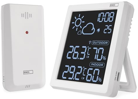 EMOS - Funk Wetterstation mit VA-Display und drahtlosem Außensensor - Thermometer, Hygrometer, Wettervorhersage, Uhranzeige, Wecker - Comfort View Anzeige - 1,5m USB-C Kabel - weiß