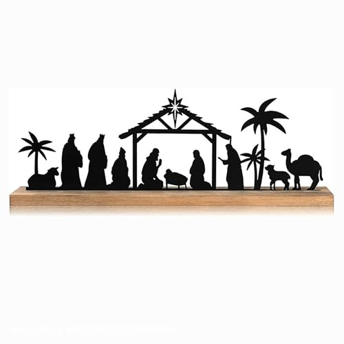 Yuelulala Nativity Scene Set for Christmas Decorations Indoor, Black Metal Nativity Set Wooden Plaque Table Centerpiece Xmas Party Indoor Decor Supplies Jesus Small Figurines Sculptures(A227-1)