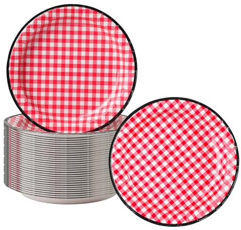 Cherypick Assiette jetable en carton 22 cm – Lot de 50, motif vichy rouge | résistantes et anti-fuite, compatibles micro-ondes, pour BBQ, pique-nique, anniversaires et fêtes