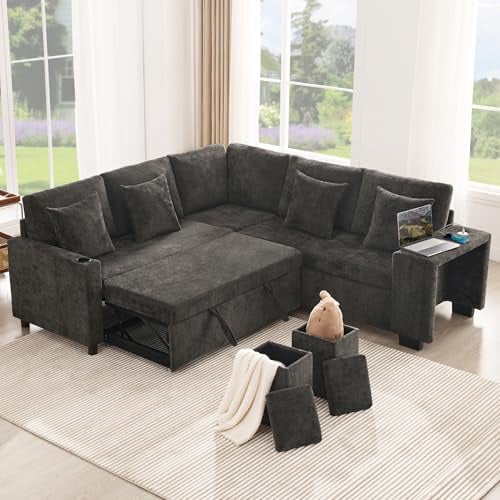 Merax Sofa Ecksofa mit Schlaffunktion und Stauraum, L-Form Schlafsofa mit Bettkasten, USB+Type-C, Getränkehalter und 2 Hocker, Schlafcouch Ausziehbar, Moderne Couch für Wohnzimmer, Chenille, Grau