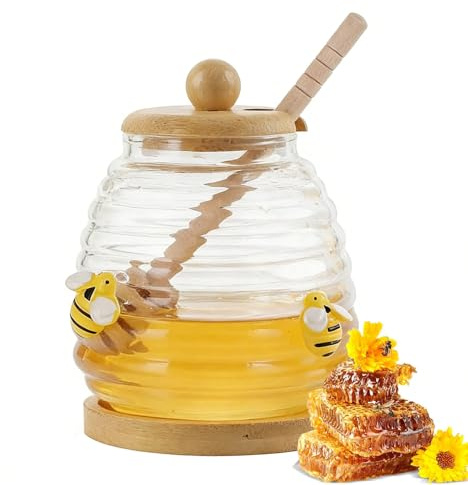 CHUANFU 500 ml Tarro para Miel de Cristal con Cuchara, Dispensador de Miel | Transparente Recipiente con Tapa de Madera de Cristal Sellado de Boca Ancha para Mieles, Jarabe y Mermelada