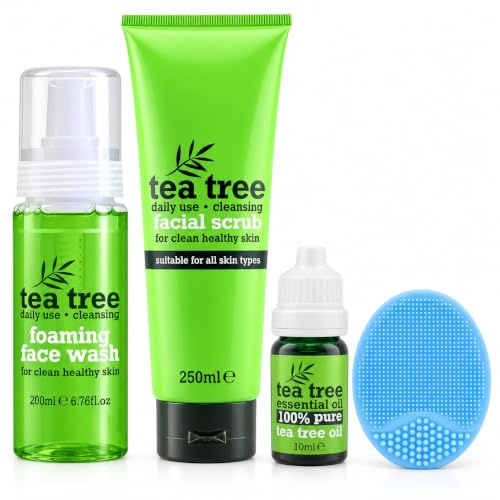 VANSHERA Tea Tree Skincare Gift Set, 4 Piece | Face Wash, Facial Scrub, Tea Tree Oil, Silicone Cleansing Brush