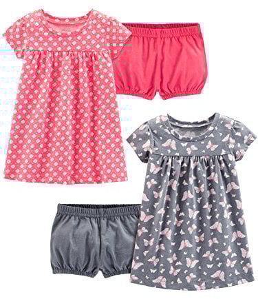 Simple Joys by Carter's Ensemble de Robes Sans-Manches et à Manches Courtes Bébé Fille, Lot de 2, Gris Papillons/Rose Fleuri, 12 mois