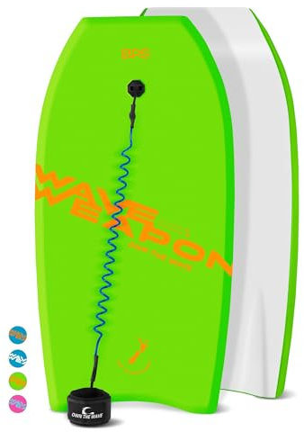 Own The Wave Bodyboard-Set mit EPS-Kern und glatter HDPE-Unterseite, 94,4 cm, leicht und schwimmfähig, perfekt zum Surfen, mit aufgewickelter Leine und Schwimmflossen, Grün und Orange