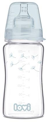 LOVI Anti-Kolik-Flasche aus Glas mit dynamischem Sauger 3 Monate+, 250 ml, SUPER Air Vent System, Schützt den Saugreflex, Botanic Kollektion