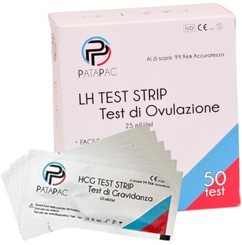 PataPac - 50 Test di Ovulazione e 6 Test di Gravidanza canadesi - Test Lh Ultra Sensibili e bicchierini per urina Test precoce hcg 10 mIu/ml e Stick Fertilità