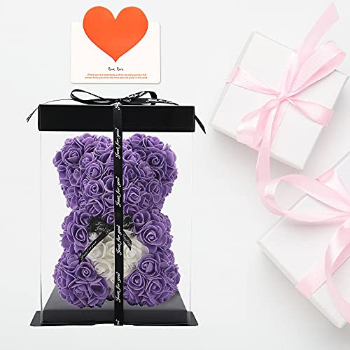 Rose Bear Hand Made Teddy Bear Flower Bear Rose Teddy Bear - Gift for her, friend gifts,gifts for women,Clear Gift Box 10 inch (purple)