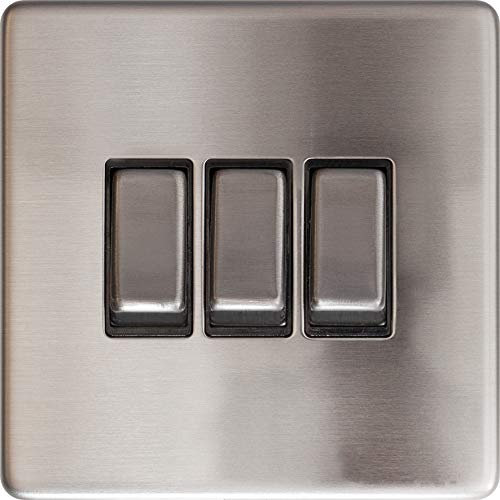 EAGLE 2 Way 3 Gang Light Switch 10A Screwless - Curved Edge - Brushed Chrome Finish