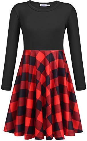 Trudge Robe à Carreaux pour Filles en Coton - T-Shirt Trapèze d'Automne et Noël - Rouge - 160/12-13 Ans