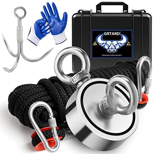 Grtard Super Strong Magnets Fishing, 1000 lb(453 kg) Pulling Force Double Sided Magnet Kit with Plastic Box, Fishing Magnet Kit for Retrieving Items in River, Lake, Beach, Lawn -2.95 Diameter