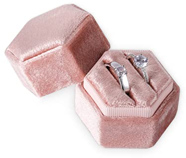 AIEX Ringbox aus Samt, für Schmuck, Doppelschlitze, Sechseck, Ringbox, für Verlobung, Zeremonie, Hochzeit, Valentinstag, mit 2 Ringen (pfirsichfarben)