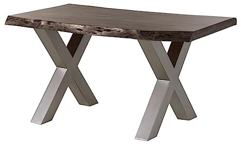 Massivmoebel24.DE | Freeform 5 Baumkantentisch aus Massivholz - Grau | 160x90 cm | Metallbeine X-Form Silber matt | aus Akazienholz | Esstisch echte Baumkante