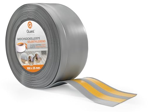 Quest Weichsockelleiste PVC 100x25 mm selbstklebend - Grau, 15 m | Flexible Knickleiste & Abschlussleiste, dichtet Wand-Boden-Fugen ab, wasserdicht & UV-beständig, für Bad, Küche & Wohnraum