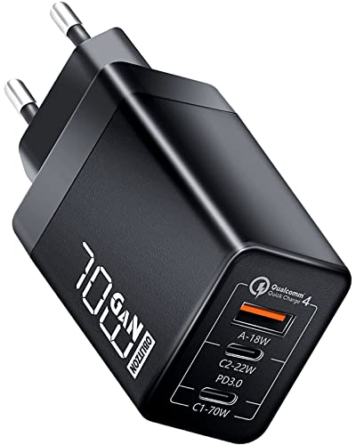 70W USB C Ladegerät, Type C PD 3.0 GaN Netzteil 3-Port USB C Netzteil für MacBook Pro/Air, iPhone 16/15, Samsung Galaxy S24 S23 S22, i-Pad Pro, Google Pixel, Dell XPS 15, Lenovo, Steam Deck, Switch