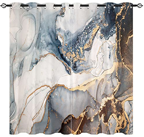 YUANZU Marble Curtains - Abstract Golden Veins Dark Blue Gray and Gold Paints Print Pattern Eyelet Blackout Room Darkening Window Drapes for Living Room Bedroom 2 Panels W117cm x D183cm