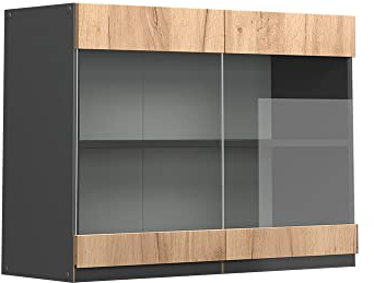 Vicco Küchenglasschrank R-Line, Goldkraft Eiche/Anthrazit, 80 cm J-Shape