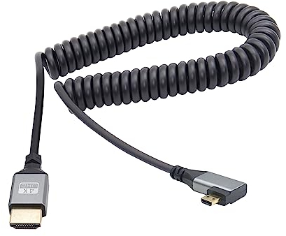RIIEYOCA 90 grados ángulo recto UHD 4K Micro HDMI macho a HDMI macho 18Gbps de alta velocidad 2.0 cable en espiral Extender Soporta 4K @ 60Hz, 1080p, ARC, 3D, extensible a 1M / 3.3FT