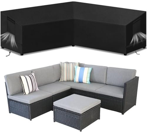 SIRUITON 255x255x87cm V-Shape Rattan Sofa Cover, Waterproof & Tear-Resistant 420D Oxford Fabric, Durable Outdoor L-Shaped Sofa Cover with Waterproof Tape,Garden Furniture Covers