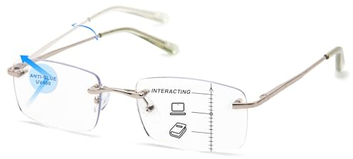 Amorays Progressive Multifokal Lesebrille für Herren und Damen, Modern Ohne Rahmen Lesebrillen mit Anti-Blaulicht DJ6001(Silber,+1.50