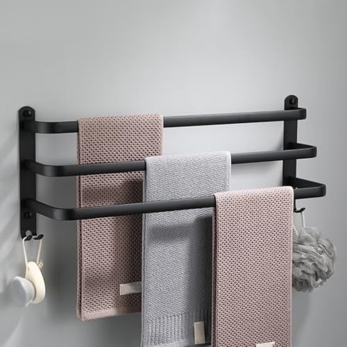 nvdsivee Handtuchhalter Ohne Bohren Schwarz Wand Handtuchstange zum Kleben für Bad Küche Badetuchhalter Aluminium mit 2 Haken Handtuchablage Schwarz 3 Schichten 70cm