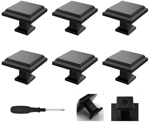 Wondora Lot de 6 boutons d'armoire - Forme carrée - Noir - Avec vis et 1 tournevis - Convient pour armoires de cuisine, armoire, tiroirs, poignées de refroidisseur à vin