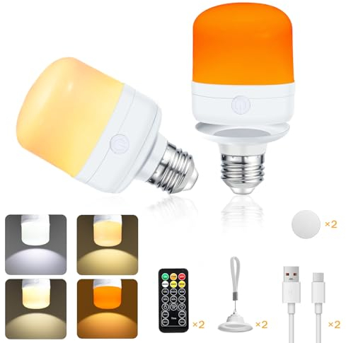 Pulsky 2 Pcs E14 Battery Light Bulb, USB 7W Rechargeable Bulbs Remote Control Light Bulb with 4 Colours, Dimmable Timer, Lanyard Emergency lamp Suitable for Camping and Indoors